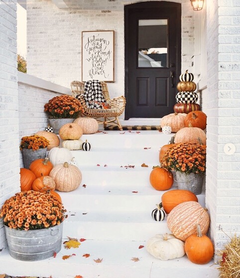 Front porch decorated for Fall